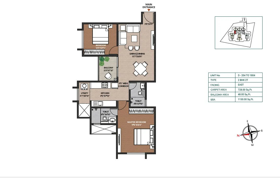 Concorde Neo 2 BHK 1130 sqft East facing floor plan